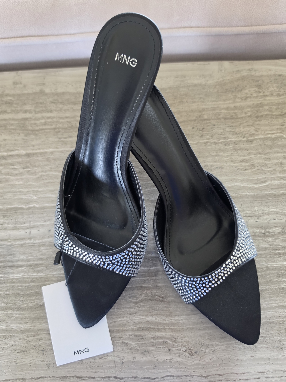 Mango Black Rhinestone Pointed-Toe Mule